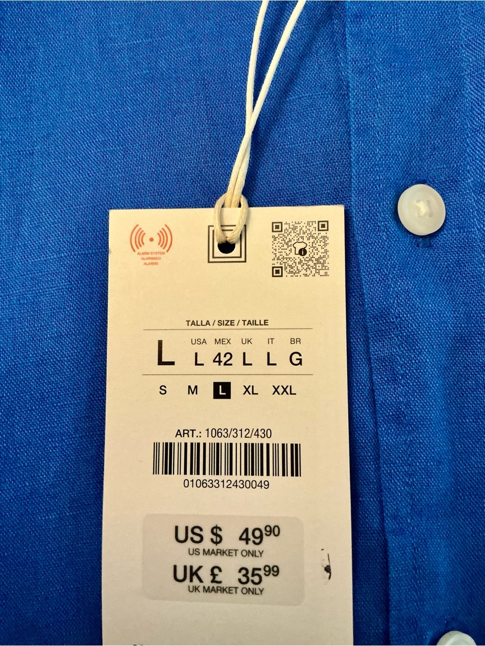 NWT Zara Men’s Linen Blend Button Front Shirt Blue Long Sleeve Size Large - Picture 5 of 8